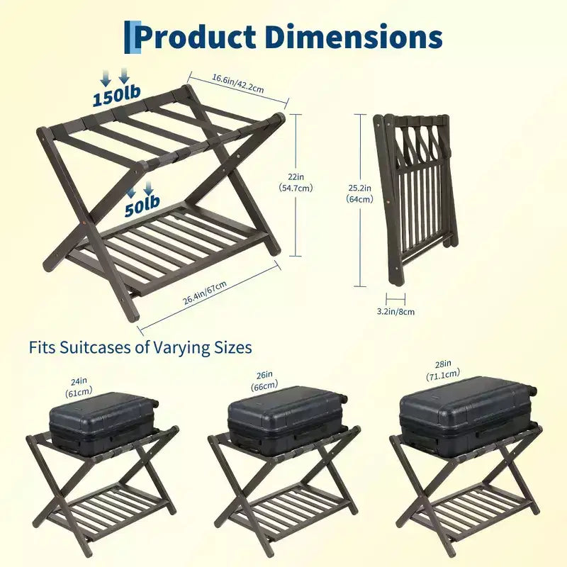 Folding Bamboo Luggage Rack with 2-Tier Shelf  Premium Suitcase Stand Holds Up to 150 Lb for Bedrooms & Hotels