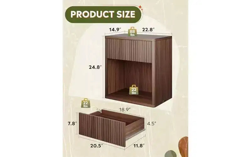 Night Stand Set of 2, Wood Nightstand Sets with Storage Drawer and Open Shelf, Fluted Bedroom Nighstands