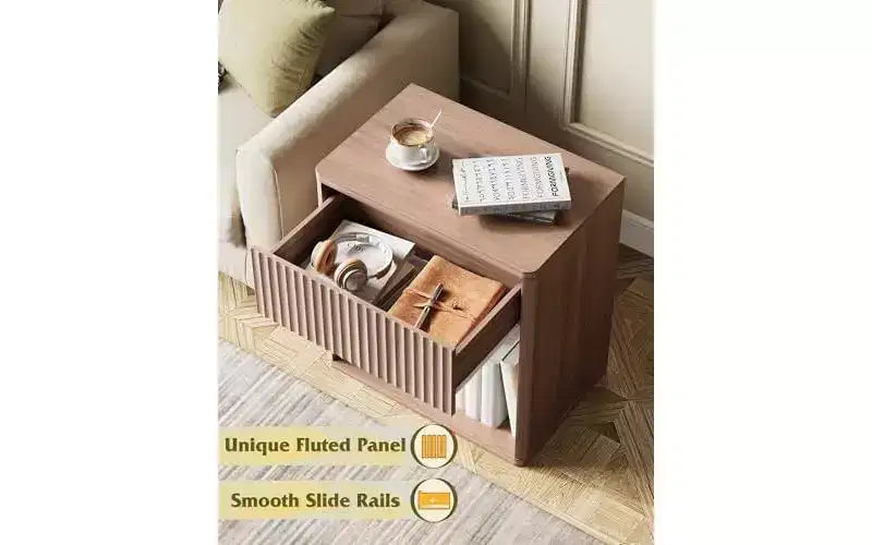 Night Stand Set of 2, Wood Nightstand Sets with Storage Drawer and Open Shelf, Fluted Bedroom Nighstands
