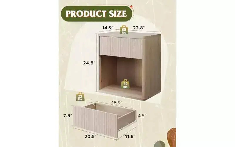 Night Stand Set of 2, Wood Nightstand Sets with Storage Drawer and Open Shelf, Fluted Bedroom Nighstands