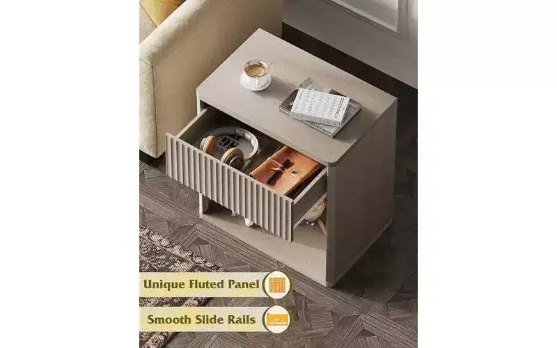 Night Stand Set of 2, Wood Nightstand Sets with Storage Drawer and Open Shelf, Fluted Bedroom Nighstands