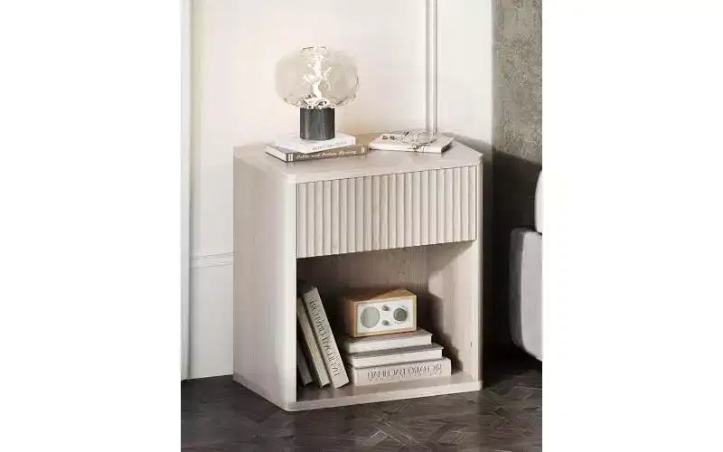 Night Stand Set of 2, Wood Nightstand Sets with Storage Drawer and Open Shelf, Fluted Bedroom Nighstands