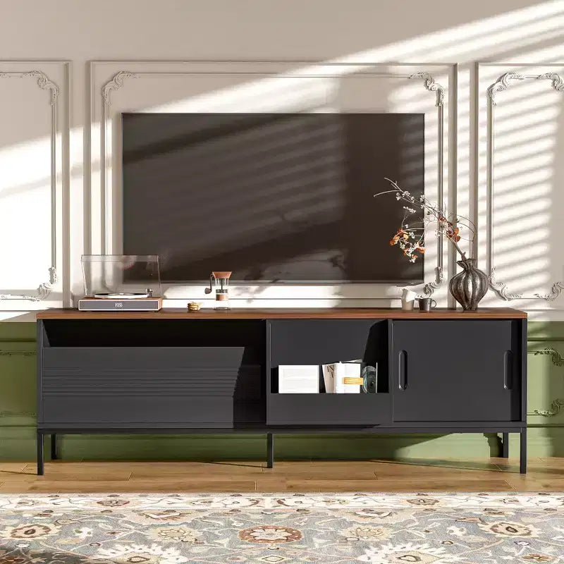 JVNOXK 70.8''TV Stand, suitable for TVs up to 75 inches, featuring sliding doors and adjustable shelves. Mid-century modern media TV stand