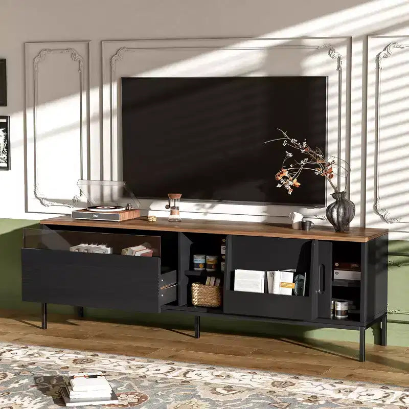 70.8''TV Stand, suitable for TVs up to 75 inches, featuring sliding doors and adjustable shelves. Mid-century modern media TV stand
