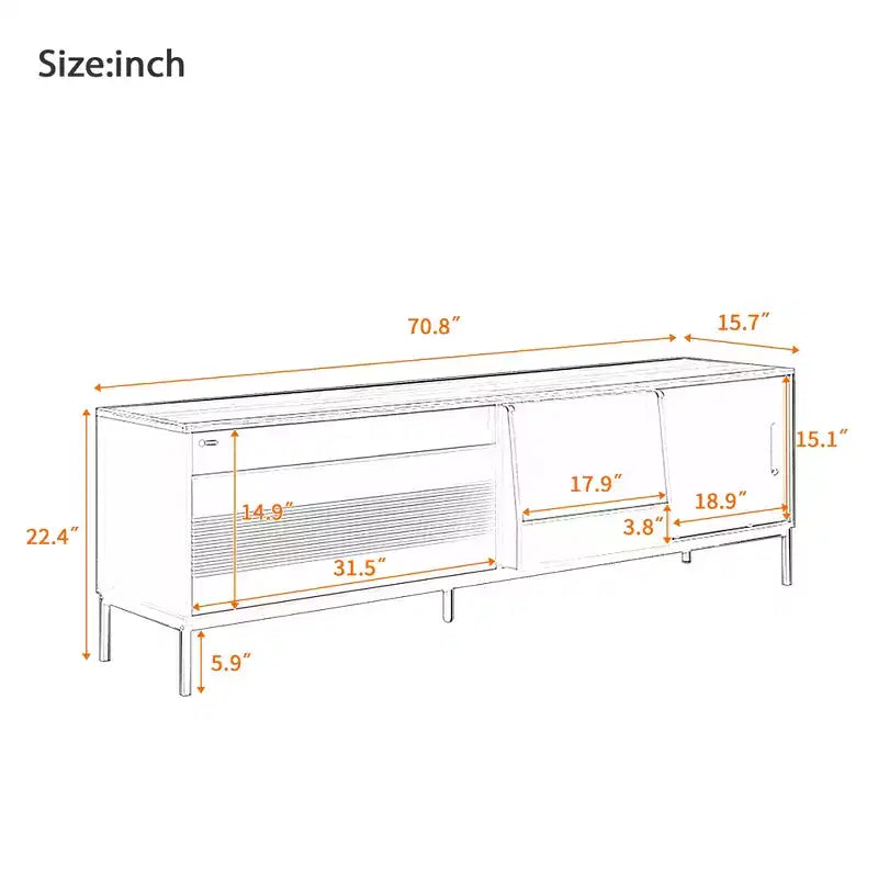 70.8''TV Stand, suitable for TVs up to 75 inches, featuring sliding doors and adjustable shelves. Mid-century modern media TV stand