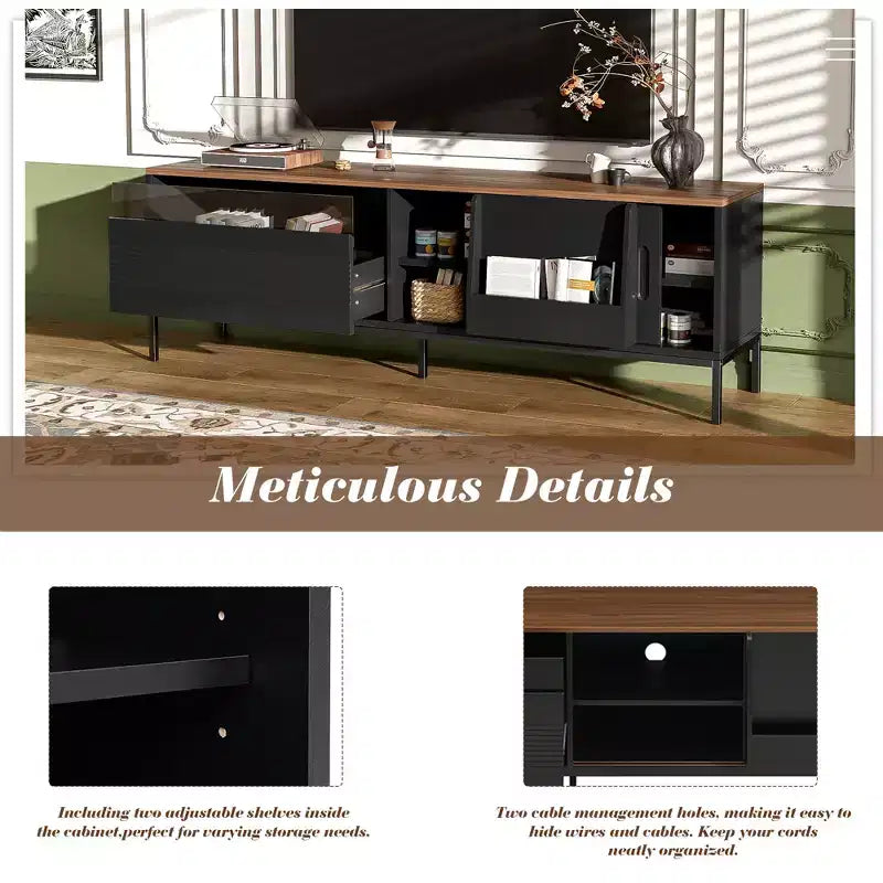 70.8''TV Stand, suitable for TVs up to 75 inches, featuring sliding doors and adjustable shelves. Mid-century modern media TV stand