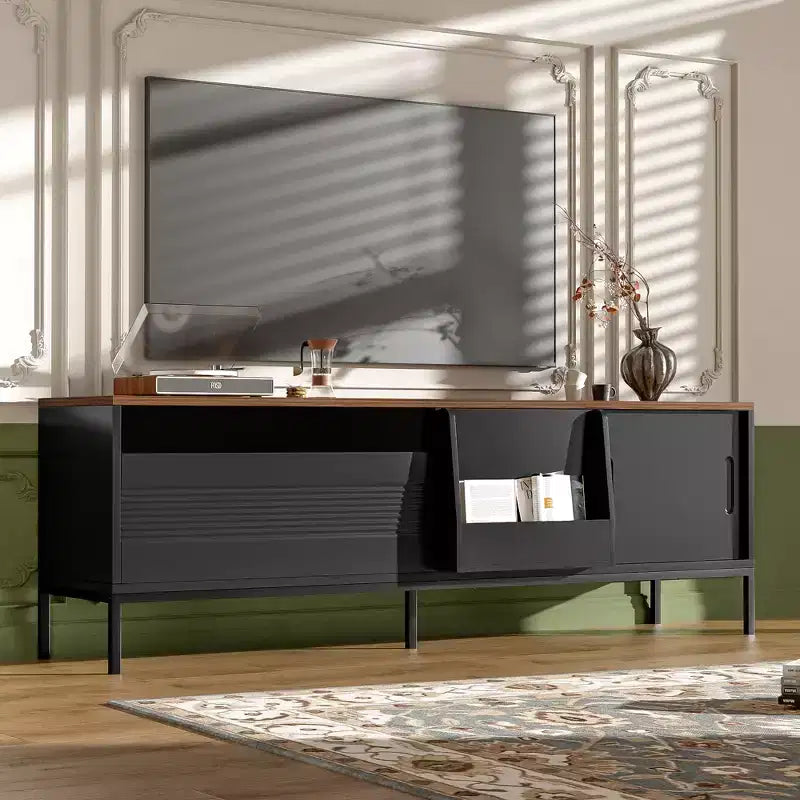 70.8''TV Stand, suitable for TVs up to 75 inches, featuring sliding doors and adjustable shelves. Mid-century modern media TV stand
