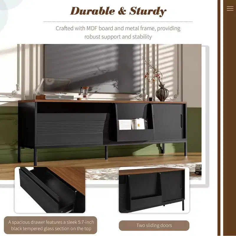 70.8''TV Stand, suitable for TVs up to 75 inches, featuring sliding doors and adjustable shelves. Mid-century modern media TV stand