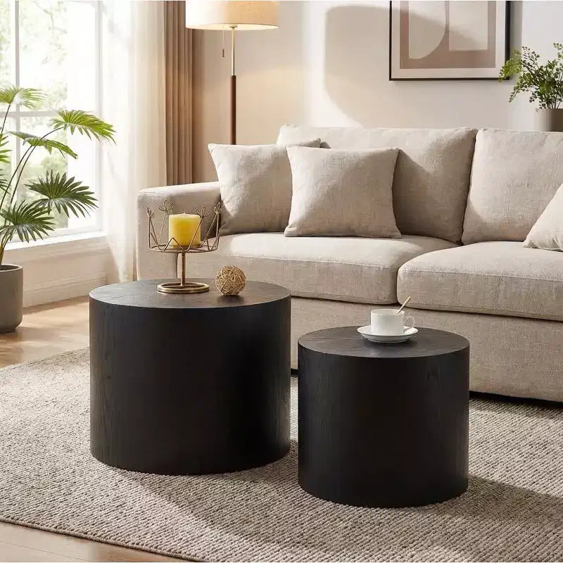 Nesting Coffee Table Set of 2, Round Wooden Modern Design, Space-Saving Accent End Side Tables for Small Living Room, Bedroom Office - Black