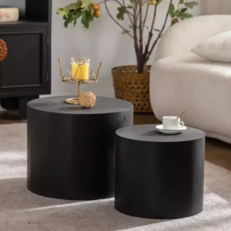 Nesting Coffee Table Set of 2, Round Wooden Modern Design, Space-Saving Accent End Side Tables for Small Living Room, Bedroom Office - Black