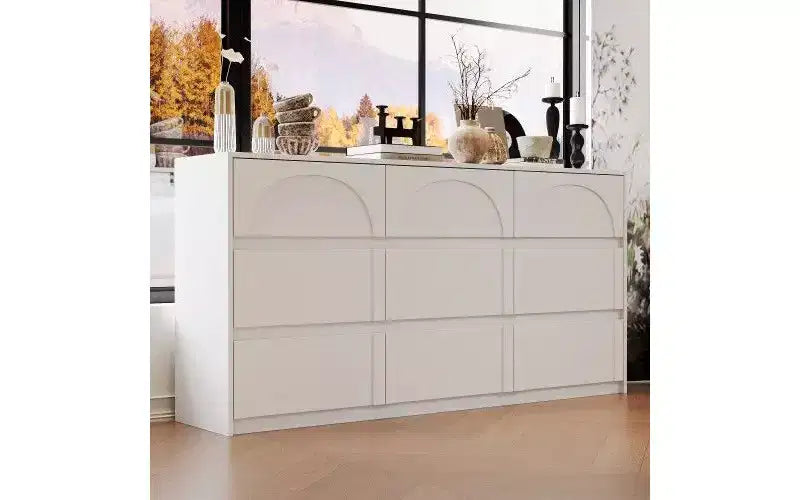 Famapy White 9 Drawer Concealed Handle Arch Pattern Decor Dresser Sideboard Chest Storage Cabinet