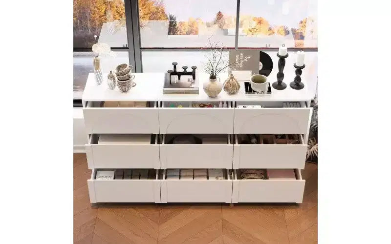 White 9 Drawer Concealed Handle Arch Pattern Decor Dresser Sideboard Chest Storage Cabinet