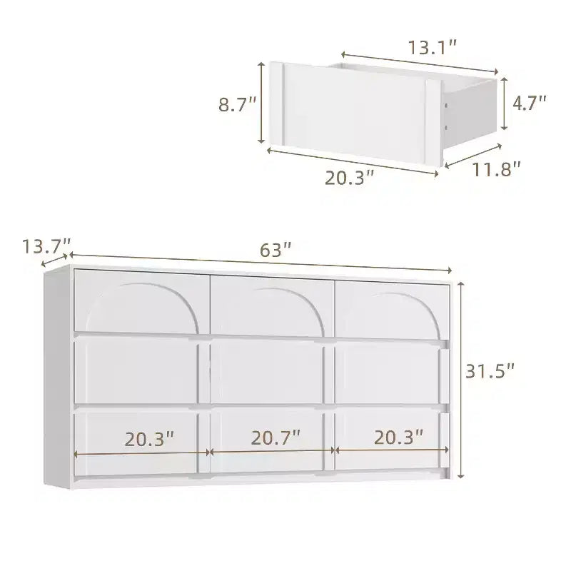 White 9 Drawer Concealed Handle Arch Pattern Decor Dresser Sideboard Chest Storage Cabinet